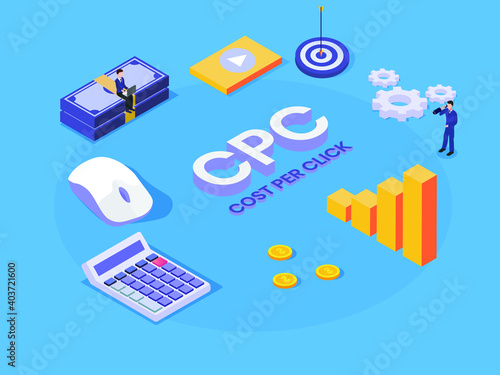 Cost Per Click CPC isometric 3d vector concept for banner, website, illustration, landing page, flyer, etc.