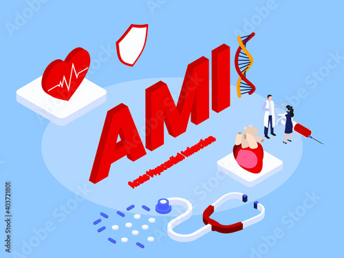 Acute Myocardial Infarction (AMI) isometric 3d vector concept for banner, website, illustration, landing page, flyer, etc.