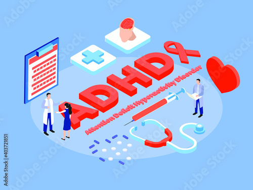 Attention Deficit Hyperactivity Disorder (ADHD) isometric 3d vector concept for banner, website, illustration, landing page, flyer, etc.