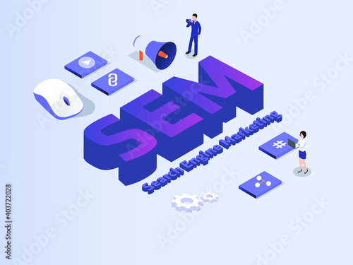 Search Engine Marketing SEM 3D flat isometric vector concept for banner, website, illustration, landing page, flyer, etc.