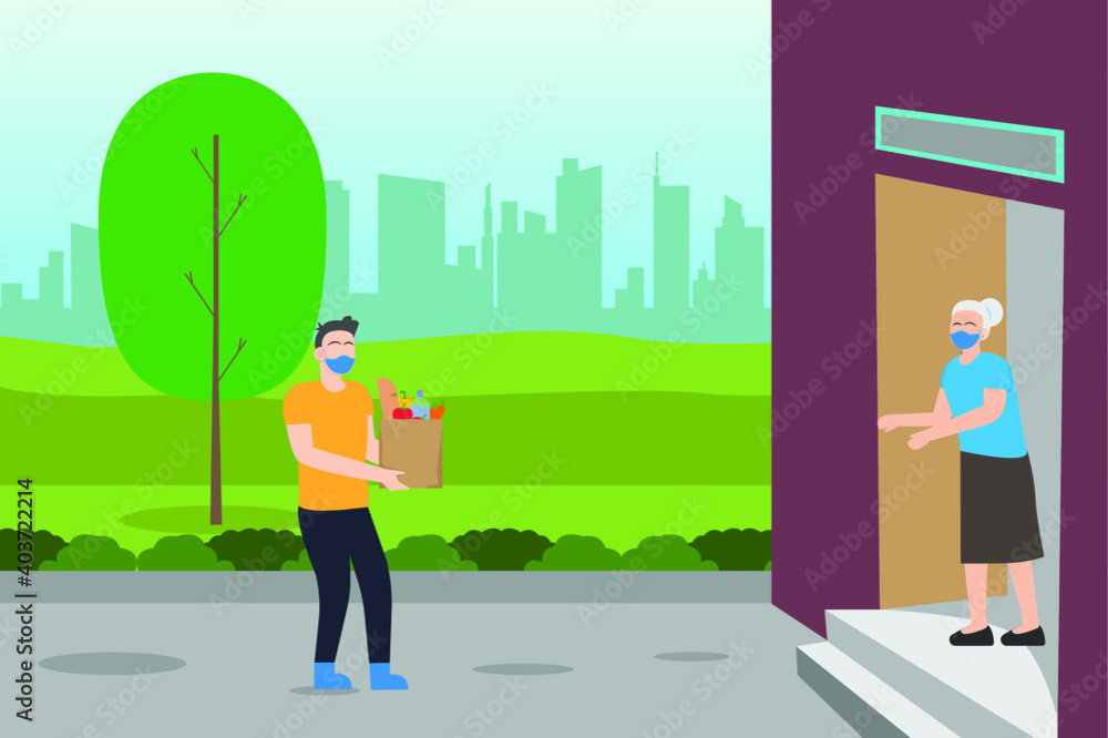 Delivering grocery shopping to an elderly woman 2D flat vector concept for banner, website, illustration, landing page, flyer, etc. Delivering grocery shopping to an elderly woman 2D flat vector concept for banner, website, illustration, landing page, flyer, etc.