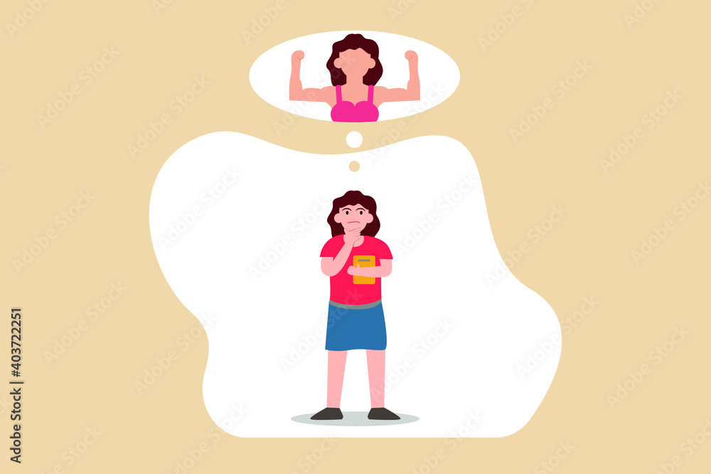Overweight woman dreaming having body with muscles Overweight woman dreaming having body with muscles
