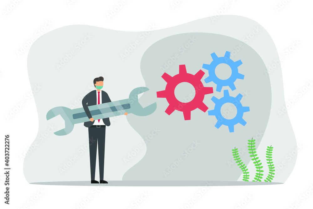 Businessman wearing face mask holding a wrench with gear 2D flat vector concept for banner, website, illustration, landing page, flyer, etc. Businessman wearing face mask holding a wrench with gear 2D flat vector concept for banner, website, illustration, landing page, flyer, etc.