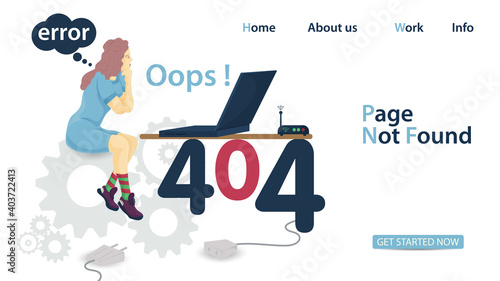 Banner oops 404 error page not found a woman sitting on gears in front of a laptop that stands on numbers for the design of websites and mobile applications Flat vector illustration
