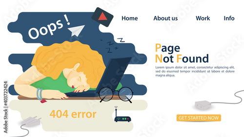 Banner oops 404 error page not found man woman fell asleep in front of laptop for websites and mobile apps Flat vector Illustration