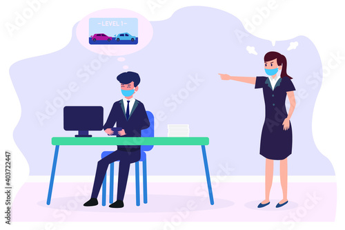 Manager angry to an employee who have game addiction 2D flat vector concept for banner, website, illustration, landing page, flyer, etc.