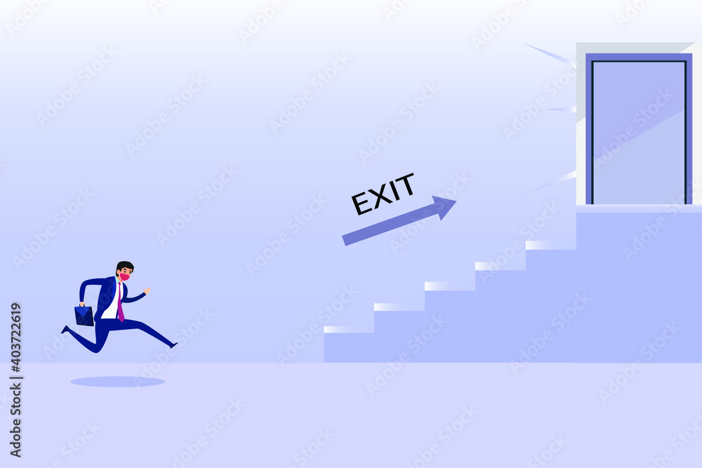Businessman wearing face mask runs toward an exit door 2D flat vector concept for banner, website, illustration, landing page, flyer, etc. Businessman wearing face mask runs toward an exit door 2D flat vector concept for banner, website, illustration, landing page, flyer, etc.