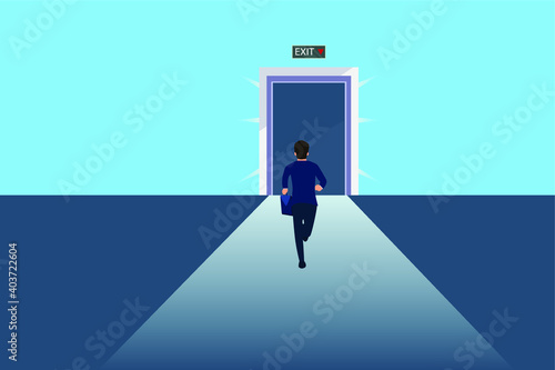 Businessman running toward an exit door 2D flat vector concept for banner, website, illustration, landing page, flyer, etc.