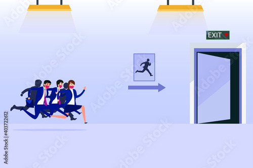 Business people wearing facemask running toward an exit door 2D flat vector concept for banner, website, illustration, landing page, flyer, etc.