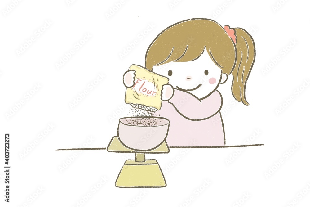 秤で小麦粉を計る女の子 秤で小麦粉を計る女の子