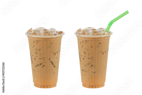Iced coffee with straw in plastic cup isolated on white background / coffee sweet
