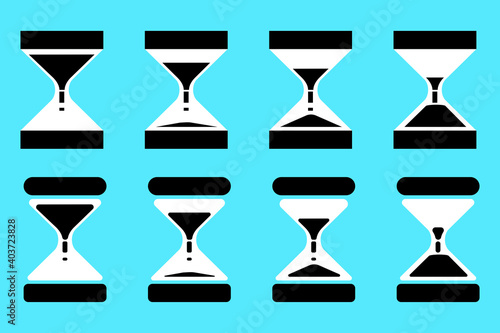 Abstract collection with black hourglass on blue background. Clock icon symbol. Time icon illustration. Stock image. EPS 10.