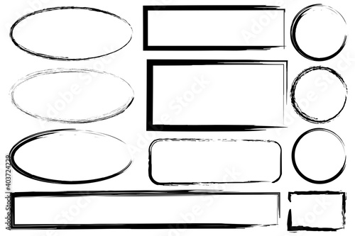 Hand drawn set with black grunge ovals rectangles. Hand drawn abstract vector set. Stock image. EPS 10.