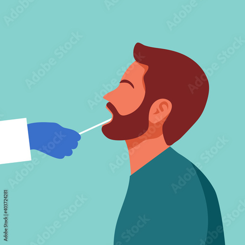 Mouth saliva test using swab concept vector illustration. COVID-19 Coronavirus or DNA test. Doctor keep saliva sample from man patient.