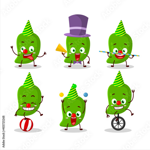 Cartoon character of green mango with various circus shows