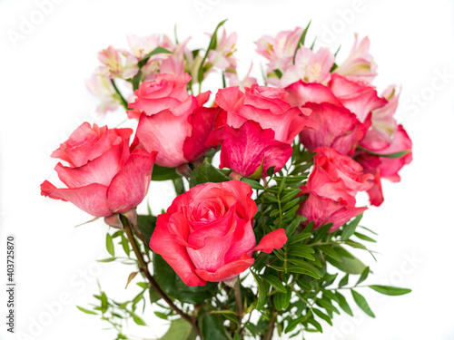 Bouquet of scarlet Roses and Alstroemeria on a white background 