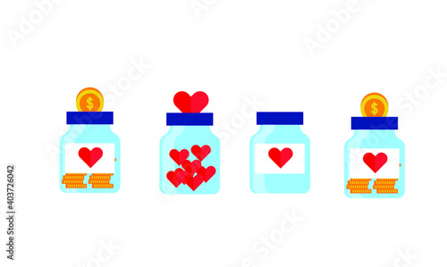 set collection donation jar with big heart flat illustration design