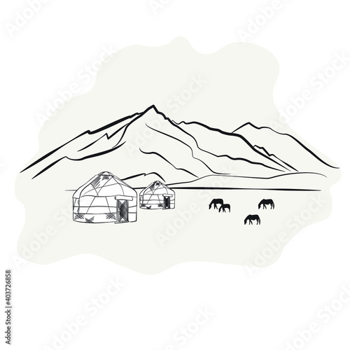 silhouette of a mountain yurt and horse on a beige background