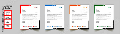 Multipurpose corporate businesses template with a4 size. stationery item modern letterhead. green, blue, red, and yellow with four color variations. 
