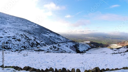 Moel Famau Welsh snowy mountain valley aerial view cold agricultural rural winter weather scene photo