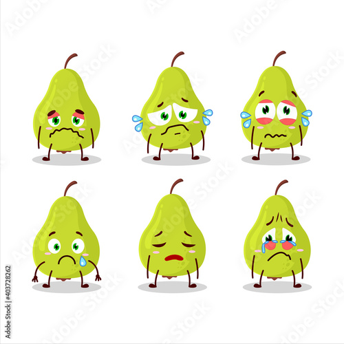 Green pear cartoon character with sad expression