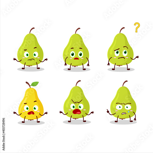 Cartoon character of green pear with what expression