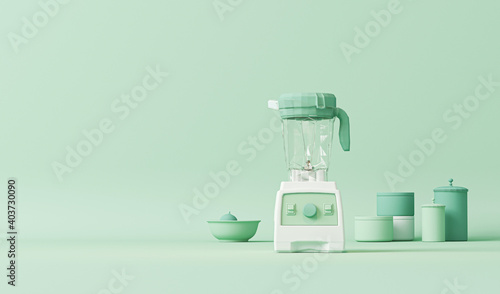 Blender mixer machine on pastel blue and green color. Small Kitchen Electrical Appliances. Health lifestyle, healthy homemade. Concept for product presentation, social media, banners. 3D render