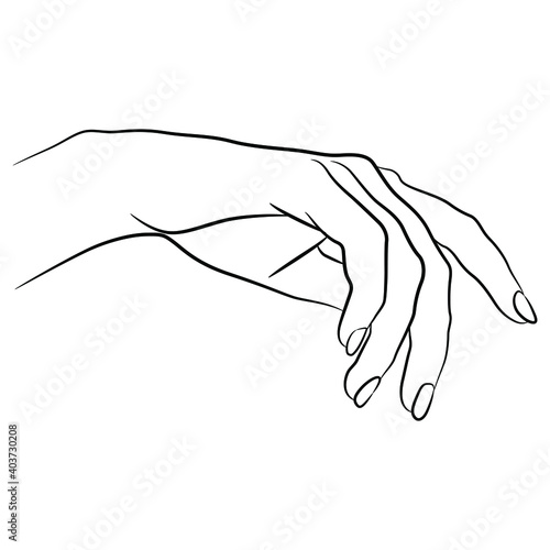 Beautiful female hand in elegant relaxed gesture. Hand drawn sketch. Black and white linear silhouette.