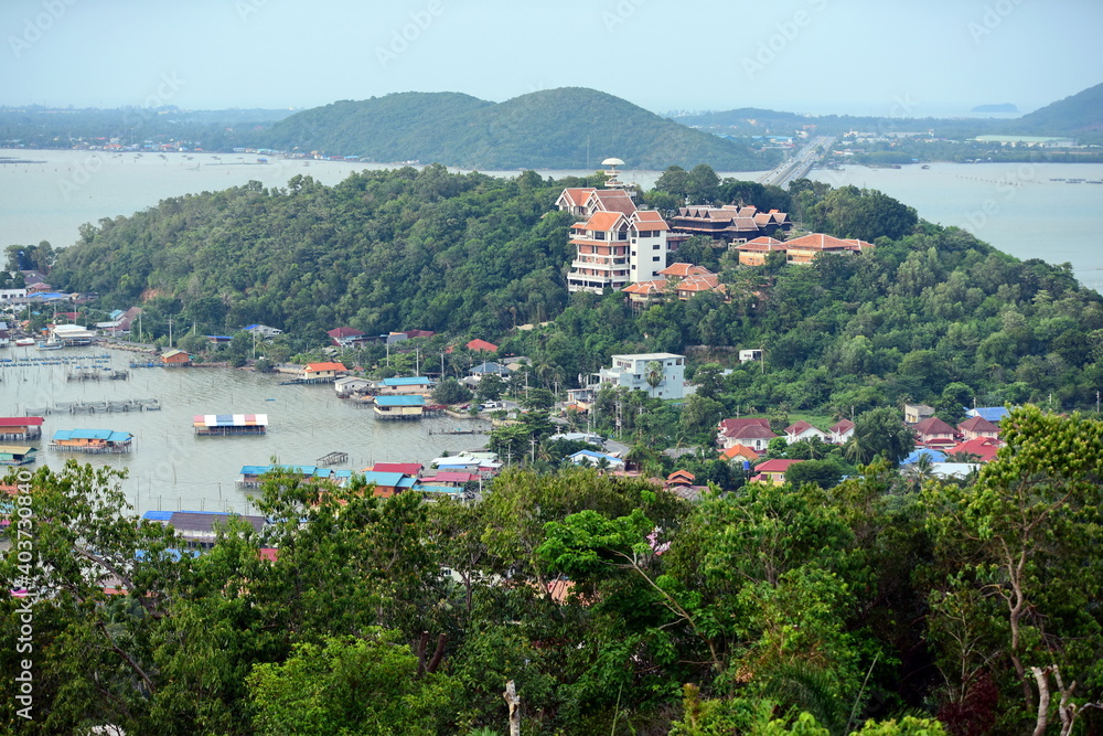 A bird's-eye view of the town and the fishing community. From the top of the mountain at the highest point of Koh Yor, Songkhla Province, Thailand