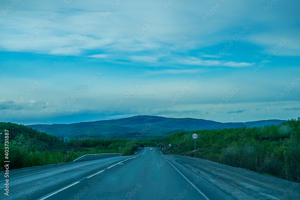 Landscape with a road in the Murmansk region.