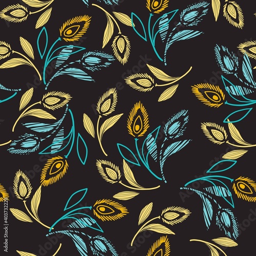 Abstract Seamless Pattern in Black Color Background with Yellow and Green Floral Vector Graphic