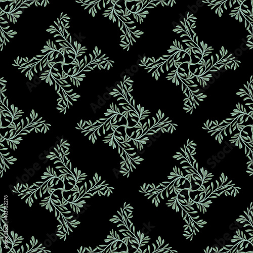 Seamless geometrical floral pattern with ornate square motifs. Rhombus made of stylized leaf branches.