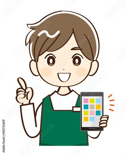 男性、店員、スマホ、説明