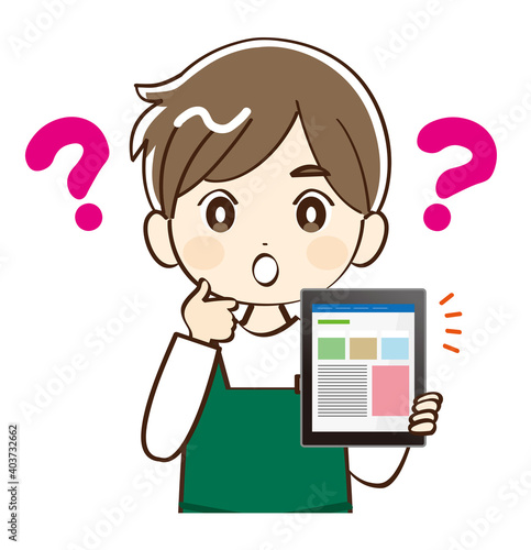男性、店員、タブレット、疑問