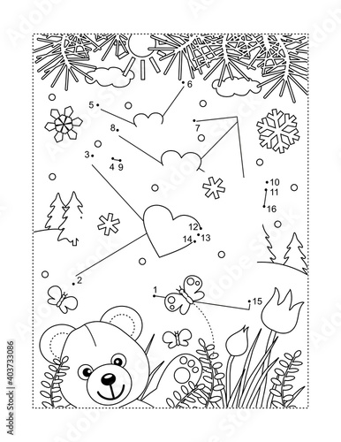 Valentine's Day greeting mail arrives full page connect the dots puzzle and coloring page
