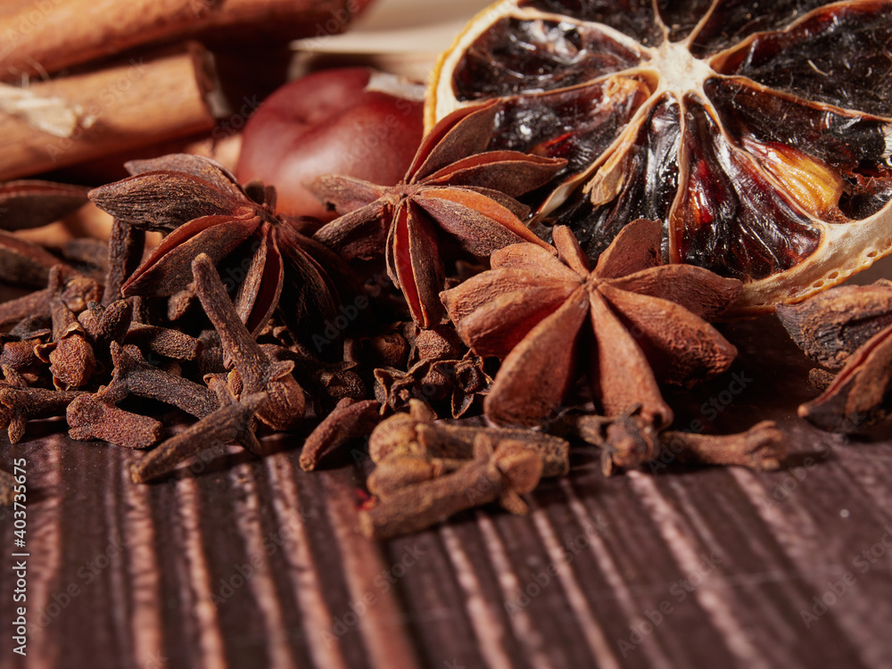 christmas mulled wine, a set of spices and fruits for mulled wine