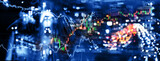 index number graph line of trade stock market and index number on blue glow blur city light banner business background
