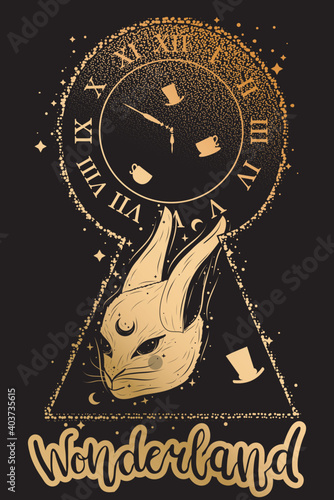 Vintage illustration with keyhole, white rabbit and clock. Alice in wonderland motifs. Tattoo art and double exposure style. Hand drawn phrase "wonderland".