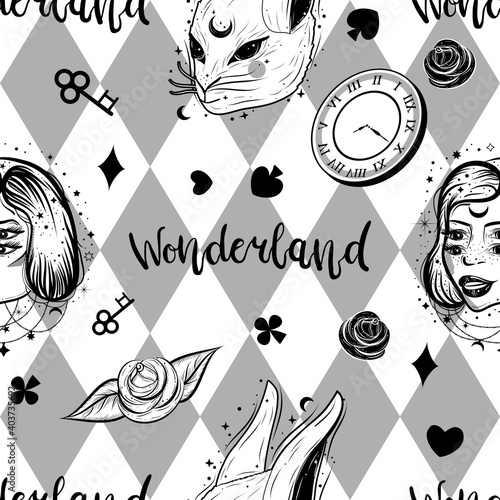 Alice in wonderland seamless pattern with chess board, rabbit and girl.