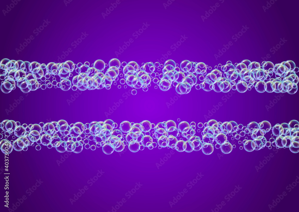 Detergent foam. Soap bath bubble and suds for bathtub. Shampoo. 3d vector illustration design. Minimal fizz and splash. Realistic water frame and border. Purple colorful liquid detergent foam Detergent foam. Soap bath bubble and suds for bathtub. Shampoo. 3d vector illustration design. Minimal fizz and splash. Realistic water frame and border. Purple colorful liquid detergent foam