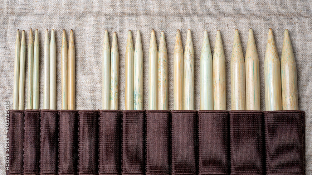 Set of wooden knitting needles. Hobby. Work. Set of wooden knitting needles. Hobby. Work.