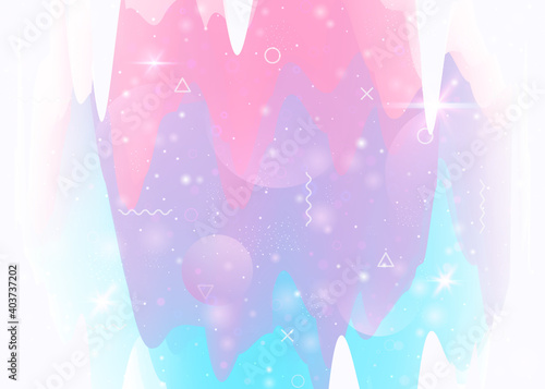 Future landscape with holographic cosmos and abstract universe background. Girlie mountain silhouette with wavy glitch. 3d fluid. Futuristic gradient and shape. Memphis future landscape.