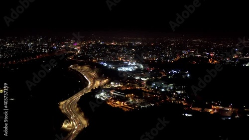 Jerusalem Main entrance at night, Aerial view
Chords bridge with city lights, highway 1,Israel
 photo