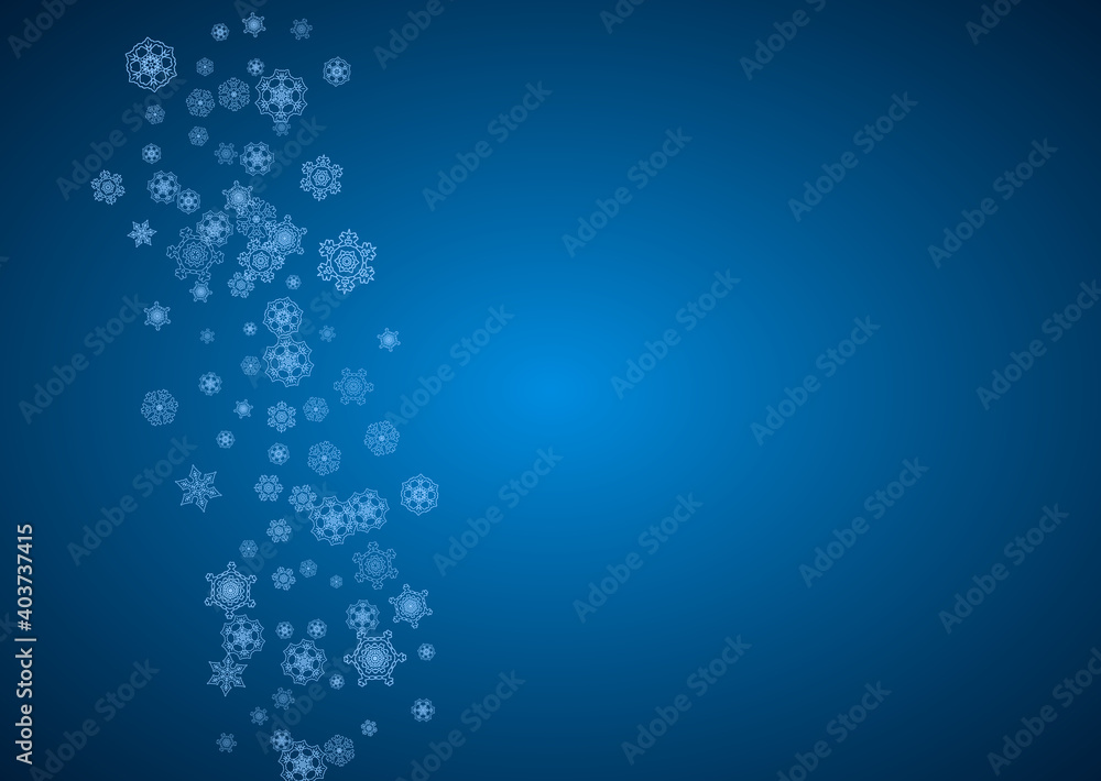 New Year snowflakes on blue background with sparkles. Horizontal Christmas and New Year snowflakes falling. For season sales, special offer, banners, cards, party invites, flyer. White frosty snow