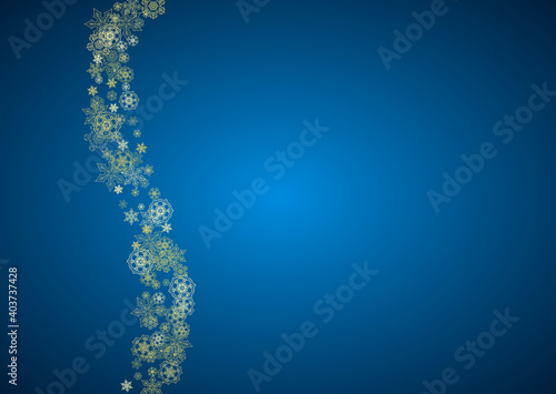 New Year snow on blue background. Gold glitter snowflakes. Christmas and New Year snow falling backdrop. For season sales, special offers, banner, cards, party invite, flyer. Horizontal frosty winter.