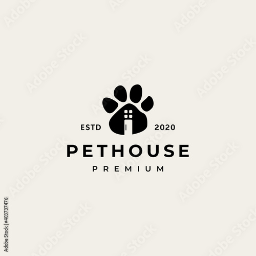 Pet house logo with foot steps and home logo vector