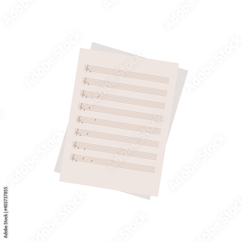 Sheet music page. Handwritten musical notes and treble clef. Study of the subject of solfeggio. For the design of web pages or online store of musical instruments. Vector illustration. Flat style.