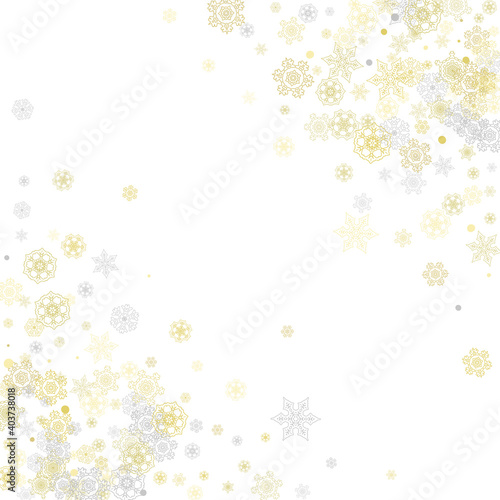 Gold snowflakes frame on white background. New year theme. Stylish shiny Christmas frame for holiday banner  card  sales  special offers. Falling snow with gold snowflakes and glitter for party invite