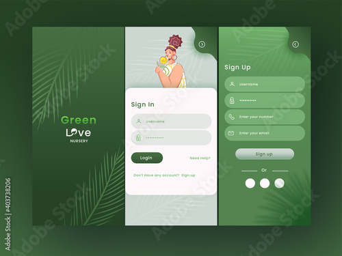 Green Love Nursery Application Splash Screens Including Like As Sign In, Sign Up On Green Background.
