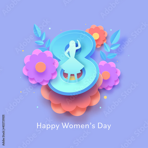 Paper Cut 8 Number With Silhouette Female, Flowers And Leaves Decorated On Blue Background For Happy Women's Day Concept.